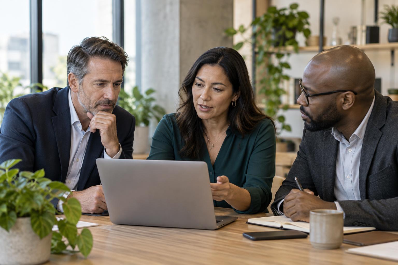 Three experienced professionals discussing work around a laptop in a bright office.